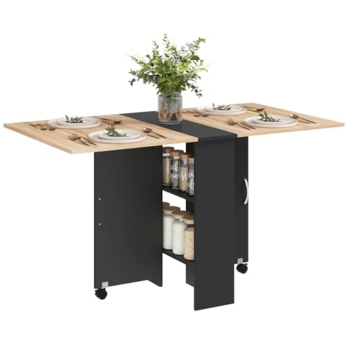 HOMCOM Table Pliante de Cuisine Salle à Manger Amovible sur roulettes 75L x 140l x 74H cm 2 étagères intégrées en Bois Coloris Noir Aspect chêne Clair