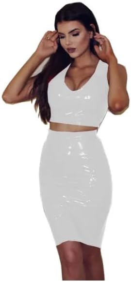 PVC Shiny Women Streetwear Two Piece Sets Sleeveless Crop Top Back Split Skirt Bodycon Suit Nightclub Sets