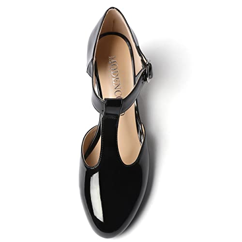 MODENCOCO Women's T Strap Patent Buckle Party Round Toe Fashion Wedge Low Heel Pumps Dress Shoes 2 Inch3