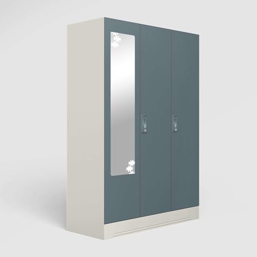 Image of Interio by Godrej Almirah Slimline 3-Door Steel Almirah, Cupboard for Clothes (Alpine White and Stormy Weather Matte), 1-Year Warranty, 7 Shelves, 1 Locker, Star Design Mirror