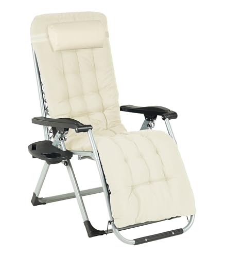 IlGruppone Sedia Sdraio 0 gravità Reclinabile Giardino Poltrona Pieghevole Relax Prendisole Lettino Cuscino Imbottito Portabicchiere Patio Campeggio Spiaggia con Poggiatesta Regolabile - Beige