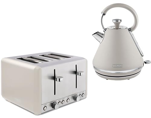 TOWER Cavaletto Latte 1.7L 3KW Pyramid Kettle, 4 Slice 1800W Toaster. Matching Kitchen Electrical Set in Latte with Chrome Accents