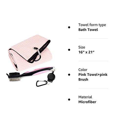 Mile High Life Microfiber Waffle Pattern Tri-Fold Golf Towel | Brush Tool Kit With Club Groove Cleaner, Retractable Extension Cord And Clip (Pink Towel+Pink Brush) #TOP7