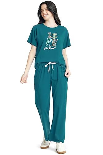 Image of ZEYO Night Suit for Womens Typography Printed Cotton Night Dress of Top and Wide Bottom Pyjama