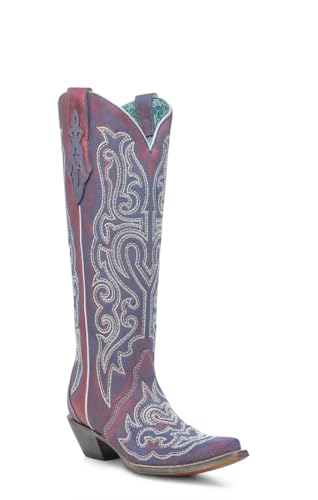 CORRAL LADIE'S RED-BLUE CHAMELEON EFFECT & EMBROIDERY & CRYSTALS TALL TOP, LEATHER SOLE, COWHIDE LEATHER, WESTERN BOOT, A4772