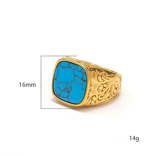Tendência Retro Esculpida Padrão Banhado com Ouro 18K Embutido Turquesa Masculino para Anéis Tamanho