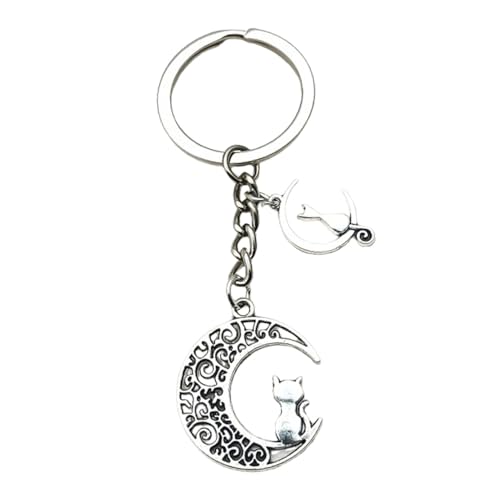 Logretve Crescent Moon Cat Keychain, Silver Metal Pendant, Decorative Bag
