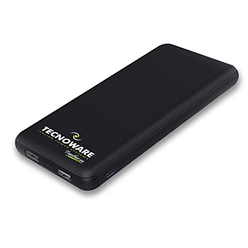 Tecnoware Together On Powerbank, USB, 10000 mAh, 2 Puertos USB, baterías externas Slim para iPhone, Samsung, Tablet, Smartphone. Recarga a través de Micro USB o USB-C. Indicador de bateria.