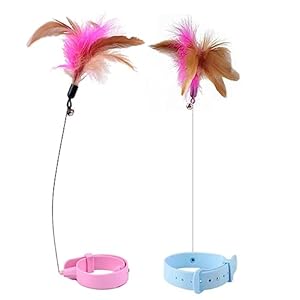 2Pcs Cat Collar Toy, Cat Feather Collar Toys,Cat Teasing Wand Silicone Collar Hands Free Toy with Bell and Feathers for Cats