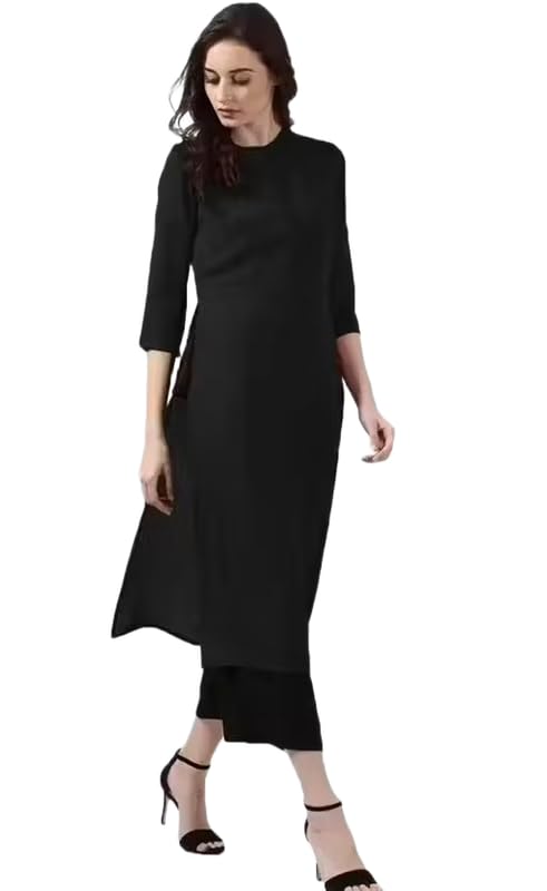 Image of Women's A-Line Solid Cotton Blend Kurta with Pant & Dupatta Set Krishiv Black S 204
