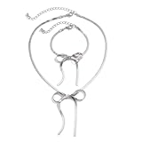 Zhang shine Bow Necklace Bracelet Dainty Long Tassel Choker Chain For Women Wedding Prom Fashion Y2K Jewelry Gift Set （Silver）