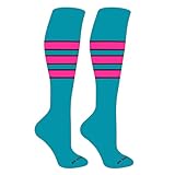 Mk Socks Striped OTC Baseball, Softball, Football Socks (C) Marlin Teal, Black, Hot Pink (XL)