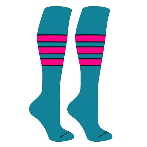 Mk Socks Striped OTC Baseball, Softball, Football Socks (C) Marlin Teal, Black, Hot Pink (XL)