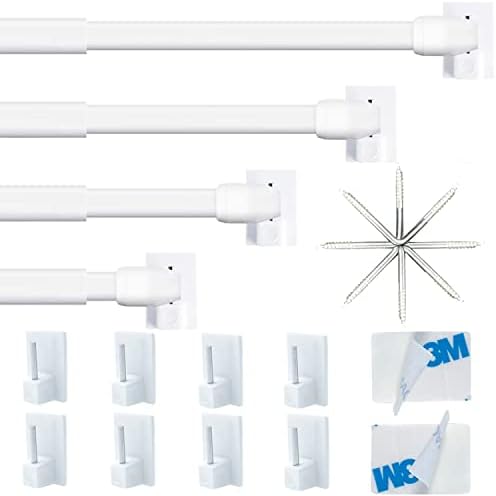 4Pcs Adjustable Rods for Net Curtains, Extendable Curtain Rod, Net Curtain Rods for Windows, Kitchen with 8PCS 3M Self-Adhesive Rod's Hooks(51-90CM/19.89-33.43Inch,White)