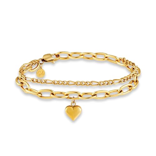 GD GOOD.designs EST. 2015 Bracelet cœur pour femme en or - Bracelet charms doré multicouches plaqué or 18K | Bracelet charm cœur ajustable (14,5 cm - 19,5...