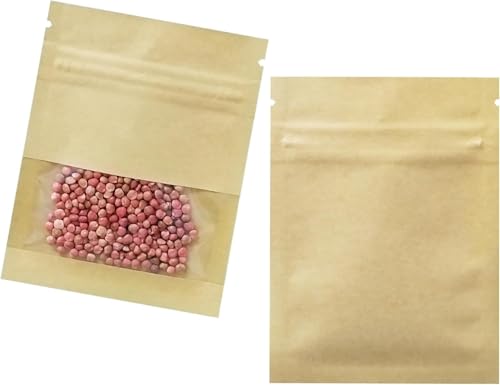 Ulluthu 100 Bolsas de Papel Kraft Pequeñas con Ventana | Apto para Alimentos | Cierre de Cremallera y Reutilizables | 7x9 cm | para Galletas, Café, Semillas, Té, Snacks etc