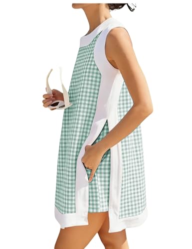 Bankeng Womens 2 Piece Sets Casual Color Block Crewneck Sleeveless Plaid Pullover Tops Matching Shorts with Pockets(Green S)