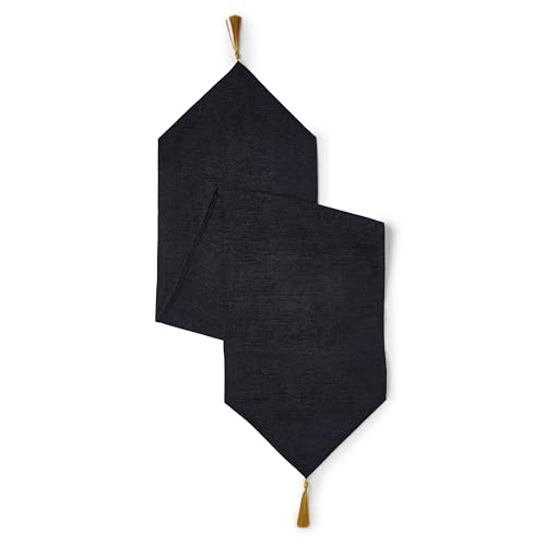 Image of Encasa XO Fine Chenille Table Runner for Dining with V-End and Tassels, 4 Seater Size 32x150 cm - Black | Decorative Cloth for Party, Wedding, Home, Cafes, Restaurants & Hotels