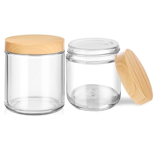 Small Glass Jars with Lids 4oz 2 Pack Clear Small Glass Jars with Plastic Woodgrain Lids Leakproof Round Airtight Empty Cosmetic Reusable Travel Cosmetic Containers for Creams Makeup Lotion Spice