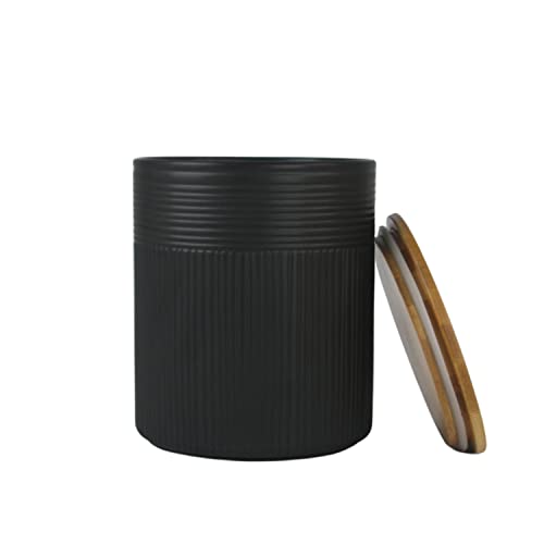 Image of 10 Strawberry Street Luca Matte Black Embossed Ceramic Kitchen Canister Set, Set of 3, Bamboo Lids