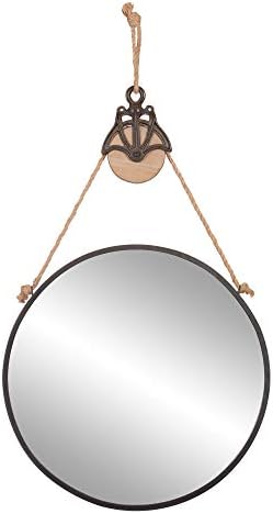 Patton Wall Decor 24" Round Metal Wall Mirror with Hanging Rope and Antique Pully,Black
