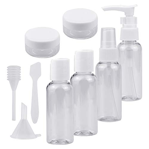 WEKON Lot de 9 Bouteille Plastique de Toilette, 50ml Avion Transparent Liquide Conteneurs, pour Cosmétiques Shampooing Gel Douche Crèmes avec Pipette et Entonnoir Cover