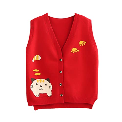 V Neck Sweater Vest Teen Girls Japanese Kawaii Cat Graphic Button Knit Cardigan Women Open Front Cute Sweaters Tank Top