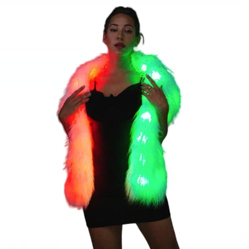 Women Glow Fur Scarves, Winter Wraps, Faux Fur Tail Shawl,with Smart LED Light Up Long Scarves 100color Christmas Rave Party