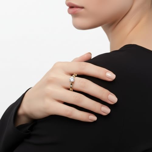 Image of Choose Your Gemstone Petite Pave Diamond CZ Engagement Ring Yellow Gold Plated Round Shape Petite Engagement Rings Minimal Modern Design Birthday Gift Wedding Gift US Size 4 to 12