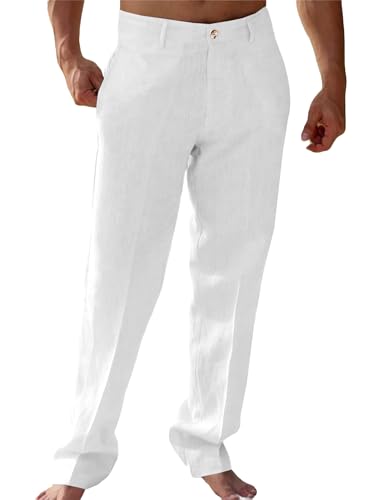 Runcati Mens Casual Pants Linen Elastic Waist Lightweight Straight Leg Pants Cotton Loose Fit Summer Beach Yoga Trousers White