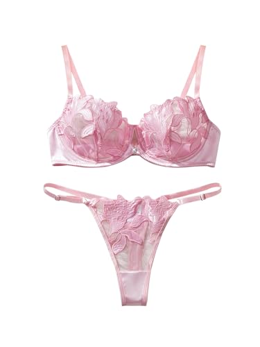Image of Lilosy Sexy Floral Embroidered Mesh Sheer Underwire Lingerie Set