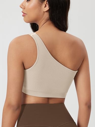ODODOS Seamless One Shoulder Sports Bra for Women Ribbed Asymmetrical Non Padded Yoga Crop Tank Tops2