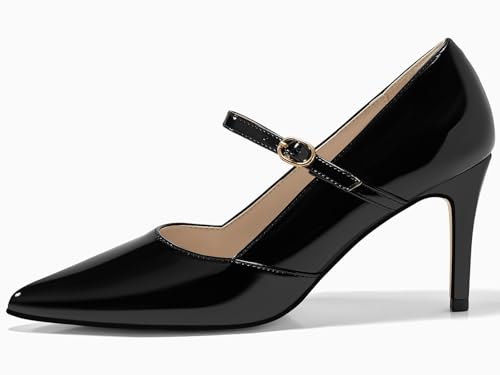 Image of Coutgo Womens Mary Jane Pumps Stiletto High Heels Closed Pointed Toe Buckle Strap Patent Leather Dress Wedding Party Shoes