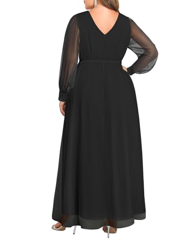 Pinup Fashion Women Plus Size Formal Dresses Black Long Sleeve Evening Chiffon Bridesmaid Wedding Elegant Ruched A-Line Maxi Dress