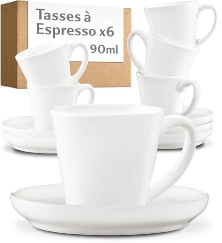 Cosumy Lot Tasse À Café - 6 Tasses À Expresso Blanches Avec Soucoupes - Tasse A Cafe/Tasse Café - Céramique Lavable Lave-Vaisselle - Service A...