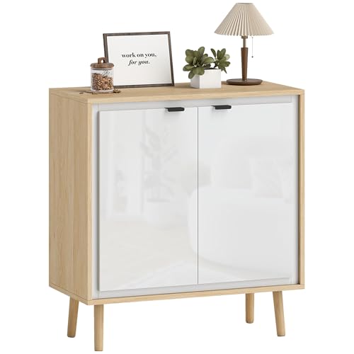 HOMCOM Buffet à Haute Brillance, Meuble de Rangement avec 2 Portes, étagère réglable, Pieds en Bois, Style Moderne, Buffet Salle à Manger, Cuisine et Salon, 72 x 35...