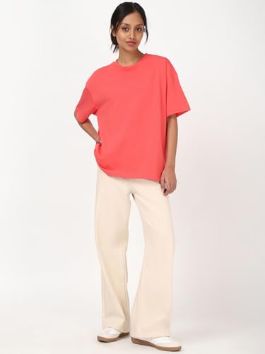 Image of Bewakoof Women's Solid Oversized Fit Half Sleeve Round Neck Cotton Jersey T-Shirt