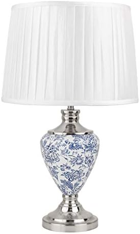 Lighting Supermarket Hepburn Large Ceramic Table Lamp with Matching Shade - Modern White, Blue, Silver Print Design