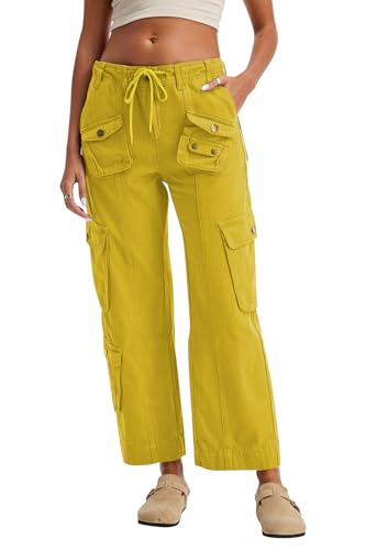 GREAIDEA Cargo Pants for Women Low Rise Drawstring Waist 7 Pockets Hiking Work Wide Leg Pants with Zipper Button Closure Yellow Green