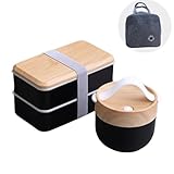 弁当箱 2階 大容量 厚手 PP 素材 抗菌、木製蓋、ランチベルト、サラダボックス、調節可能な仕切り、スープボウル付き、気密シールと漏れ防止、おしゃれで軽量、電子レンジ対応、学生、女性、男性、高校生、通勤、運動会、ピクニックなどに最適です。可愛くて実用的で便利です。 (ブラック,1200ml+600ml+保温バッグ)