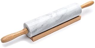Fox Run Polished Marble Rolling Pin with Wooden Cradle, 10-Inch Barrel, White