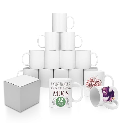 KAPCO 12 Sublimation Mugs 11oz Blank – White Ceramic Coffee Cup with Large Handle | Custom Mug for Heat Press Printing | Microwave & Dishwasher Safe | Sublimation Blanks for DIY Gift | AAA Grade