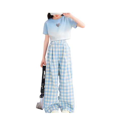 [Pangdabei] ガールズ 半袖Tシャツ ロングパンツ セットアップ, チェック柄, 水色, 夏服, 120-170cm