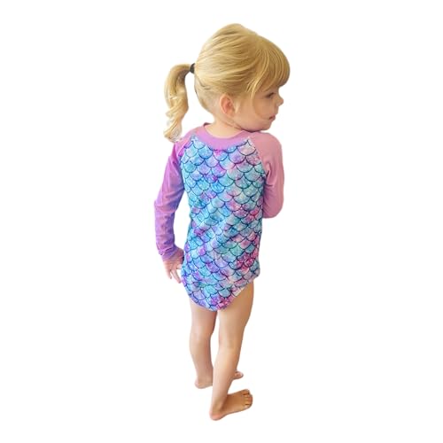 Image of Girls' Mermaid Rash Guard Swimsuit, Purple, Age 3 Years | Long Sleeve Top, Ruffle Bottoms, UPF 50