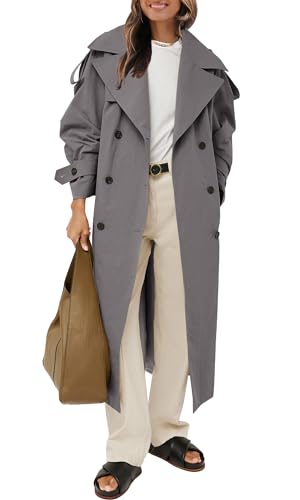 Image of Farktop Womens Oversized Long Trench Coat Double Breasted Lapel Windproof Overcoat with Belt