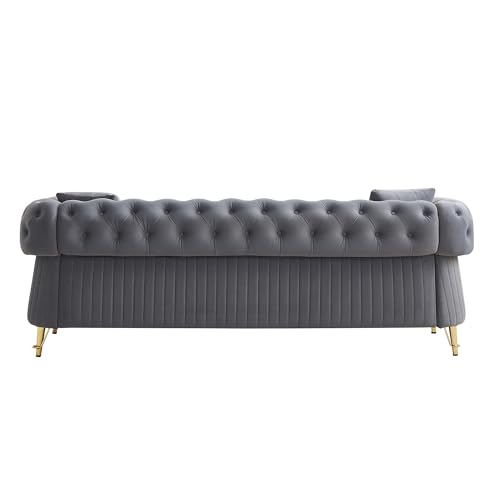 Image of KEIKI 89 inch Chesterfield Velvet Button Tufted Sofa with High Density Foam Cushions and 2 Toss Pillows, Modern Style 3-Seater Couch with 4 Gold Metal Leg, Easy Assembly, for Living Room, Apartment, Grey