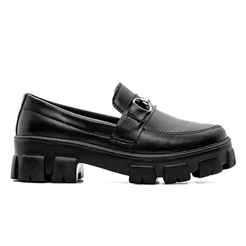 Sapato Mocassim Feminino Oxford Casual Solado Plataforma Tratorado Vintage - Preto/Metal/37