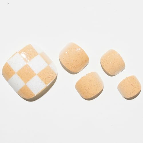 GLAMERMAID Press on Toenails, Glitter Yellow Plaid Gel Glue on Toe Nails, Glossy Toe Nails Reusable UV Finish Fake Nails Acrylic False Nails Manicure Kits for Women — view 2