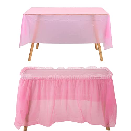 Lghspom 54X108Inch Plastic Tablecloth And 14Ft Plastic Table Skirt, Pink Disposable Rectangle Tablecloth Set For Baby Shower, Birthday, Wedding, Bridal Shower, Baby Shower Decorations For Girl #TOP6