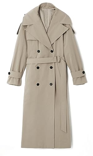 Farktop Womens Oversized Long Trench Coat Double Breasted Lapel Windproof Overcoat with Belt